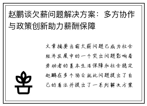 赵鹏谈欠薪问题解决方案：多方协作与政策创新助力薪酬保障
